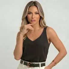 Regata Feminina Crepe Duna Gola V Alça Larga Básica Elegante Soltinha Casual