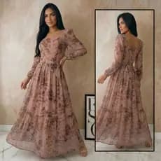 Vestido Feminino Longo Evangélico Tule Floral Decote Quadrado
