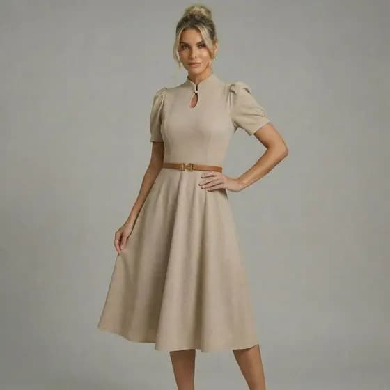 Vestido Evangélico Feminino Midi Crepe Gola Padre Manga Princesa Elegante Luxo Moda Cristã