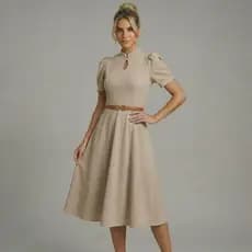 Vestido Evangélico Feminino Midi Crepe Gola Padre Manga Princesa Elegante Luxo Moda Cristã