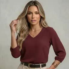 Blusa Feminina Manga 3/4 Crepe Duna Gola V Básica Soltinha Elegante