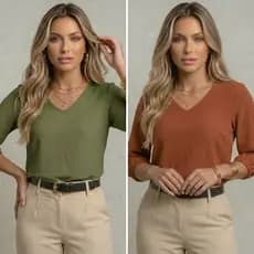 Kit 2 Blusas Feminina Crepe Duna Gola V Manga 3/4 Básica Soltinha