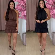 Vestido Feminino Suplex Curto Frente Única Gola Alta Amarração No Pescoço com Bojo Drapeado Babado Poliamida Tendência