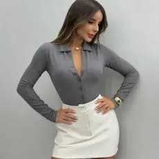 Body Feminino Manga Longa Canelado Gola Polo Justo Elegante Casual Moda Feminina  outono inverno