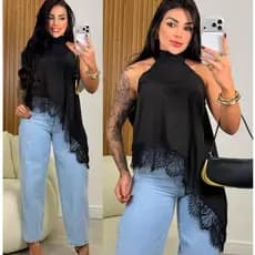 Blusa Feminina Gola Alta Assimétrica  Frente Única Com Renda Bata sofisticada Elegante Tendência Inverno 2026