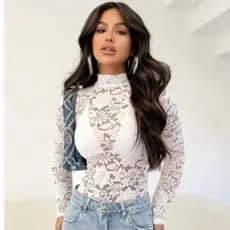 Body Feminino Renda Tule Transparente bordado Floral Manga Longa Blusa Flor tendência outono inverno 2026