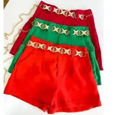 Short Feminino Alfaiataria Cintura Alta  com Cinto Corrente Tendência Verão - PROMOÇÃO