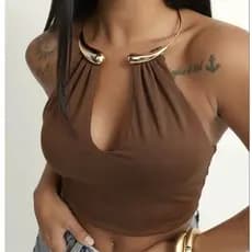 Cropped feminino top suplex poliamida decote argola no pescoço estilo colar amarração nas costa tendência moda gringa