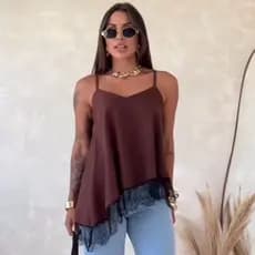 Blusa Feminina alça fina Assimétrica  Frente Única Com Renda Bata Elegante Tendência Inverno