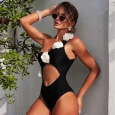 Maiô feminino elegante e sensual de cor sólida com design de recorte floral 3D.