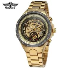 WINNER Relógio mecânico automático masculino exclusivo Fashion dourado todo em aço oco