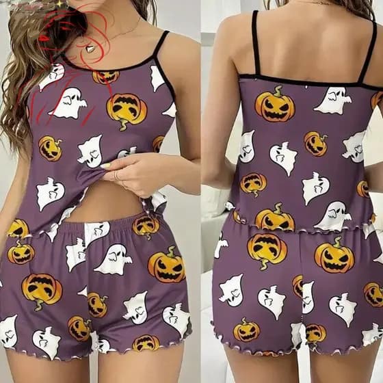 Conjunto de Pijama Feminino para Halloween com Estampa de Abóbora 2026 YITW Y35M
