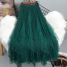 Saia Bolo de Renda Fashion, Saia A-line Irregular de Gaze, Saia Longa de Cintura Alta com Grande Balanço 2SED THSM
