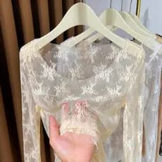 Camisa feminina transparente de renda com decote redondo grande, camisa de gaze de manga longa, novo estilo 2026. KOCJ X