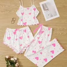 Conjunto de pijama feminino de três peças, estilo europeu e americano, com estampa de coração, inclui uma requintada