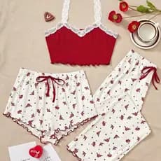 Conjunto de pijama feminino de três peças: calças compridas, shorts e blusa AM1L X9GG