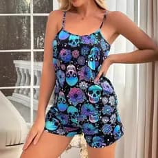 Conjunto de Pijama Feminino com Estampa de Caveira e Flores, Camisola e Shorts 7JEX 9D8Q