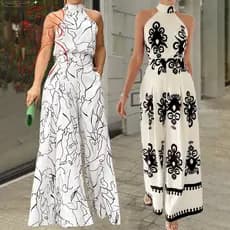Macacão Longo Elegante para Mulheres com Estampa Total e Alças para Férias DNSN UV2L