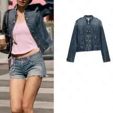 Novidades primavera verão: jaqueta feminina simples de manga comprida, gola redonda, com botões decorativos e zíper em j