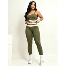 Conjunto Yoga Feminino 2pçs Poliamida Canelado, Sutiã Alça Fina Legging Cintura Alta Compressiva Respirável Ginásio