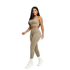 Conjunto Yoga Feminino Sem Costura Poliamida Canelado, Sutiã Suporte e Legging Cintura Alta para Academia e Corrida