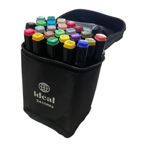 Estojo Kit 24 Canetas Hidrográficas Coloridas Versáteis Para Desenho Arte Escolar
