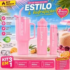 Kit Garrafa 3 em 1 Copo 1800ml Garrafa 800ml 270ml Academia Escola Praia BPA Free