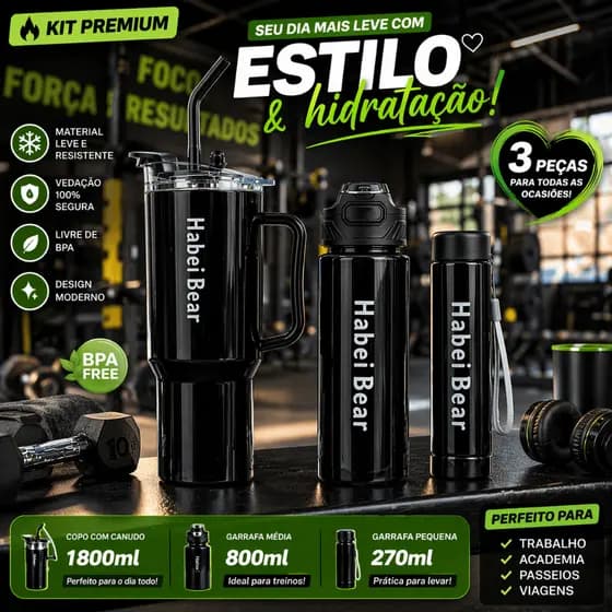 Kit Garrafa e Copo 3 em 1 - 1800ml 800ml 270ml Academia Praia Viagem BPA Free