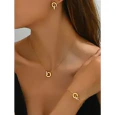 Conjunto de Joias Femininas Roman Fashion com Colar de Anel Duplo, Pulseira e Brincos ZSVU