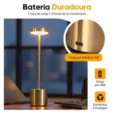 Luminaria De Mesa LED 3 Tons Recarregavel Luxuosa Abajur Cabeceira Escrivaninha Quarto Touch Sem Fio Decoracao Casa