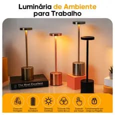 Luminaria De Mesa LED 3 Tons Recarregavel Luxuosa Abajur Cabeceira Escrivaninha Quarto Touch Sem Fio Decorativo Moderno