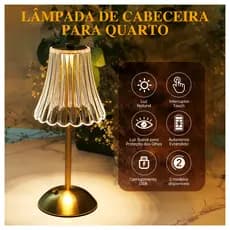 Abajur Cristal Luminaria Mesa LED Recarregavel Sem Fio 3 Tons De Luz Touch Cabeceira Quarto Sala Luxo