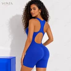 Macaquinho Fitness Feminino Canelado Curto Modelador Costas Abertas Levanta Bumbum Academia Yoga Casual VONTA