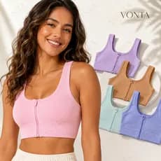 Top Cropped Feminino Com Zíper Frontal Canelado Alças Largas Sem Bojo Fitness Academia Yoga Dia a Dia VONTA