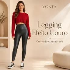 Calça Legging Feminina Peluciada Efeito Couro Cintura Alta Térmica Flanelada Inverno Preta