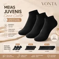 Kit Meias Juvenis Cano Curto Pretas Algodão Confortável para Escola Tênis Adolescente 3 6 12 Pares