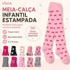 Meia-Calça Infantil Estampada Menina 2 a 14 Anos Macia Elástica para Escola Passeio