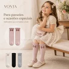 Meia Infantil 3D Menina Cano Alto Com Laço Aplique Fofo Meia Longa Para Criança