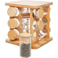 Porta Tempero com 12 Potes Para Temperos de bambu Condimentos Com Tampa Dosadora Suporte giratório 360 80 ml