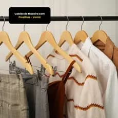Cabide Madeira Natural Com Presilhas Antideslizantes Organizador Roupa Casual Vestuario
