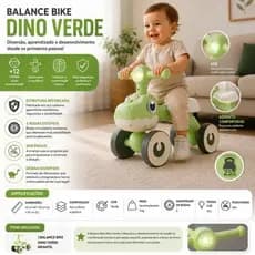 Balance Bike Infantil 4 Rodas Luzes Seguranca Diversao Verde Estavel