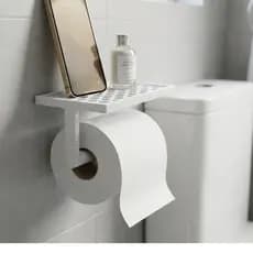 Suporte para Papel Higiênico com Prateleira Branco Marmorizado Fixação Adesivo Parede para Banheiro