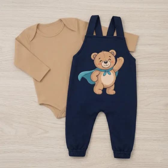 CONJUNTO JARDINEIRA LONGA BEBE ESTAMPADA URSO.
