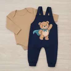 CONJUNTO JARDINEIRA LONGA BEBE ESTAMPADA URSO.