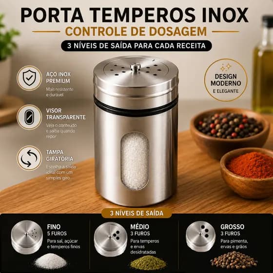 Saleiro Premium Vidro e Aço Inox Tampa Giratória Porta Temperos