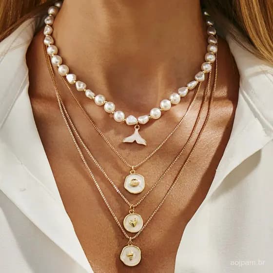 Colar de pingente de cauda de peixe em forma de concha com gota de óleo estilo oceano, colar de corrente de clavícula