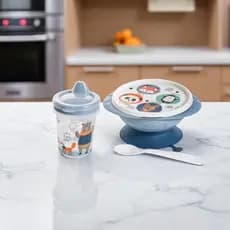 Kit Tigela e Caneca Trio Infantil Animais Fofos Azul Menino Papinha