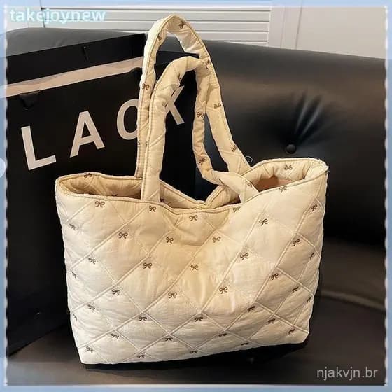 [takejoynewBR] Bolsa Com Estampa De Laço Soft Puffer Tote De Ombro Feminina Armazenamento Casual Tbr
