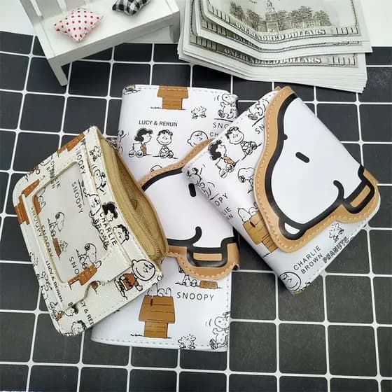 Carteira Fofa Snoopy Longa e Curta para Meninas, Carteira de Moeda em PU com Coração, Estilo Dobrável de Carteira Fofa S