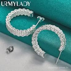 URMYLADY Prata 925 Sterling 25mm Brinco Redondo De Malha Um Par De Brincos De Tarraxa Para Noivado De Casamento Feminino